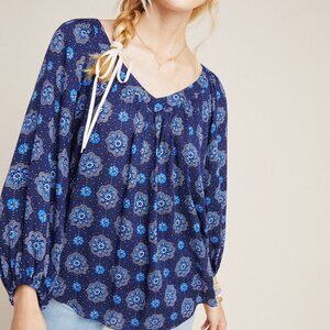 Maeve Anthropologie Blue Floral Boho Boswell Blouse Peasant Top Size 4